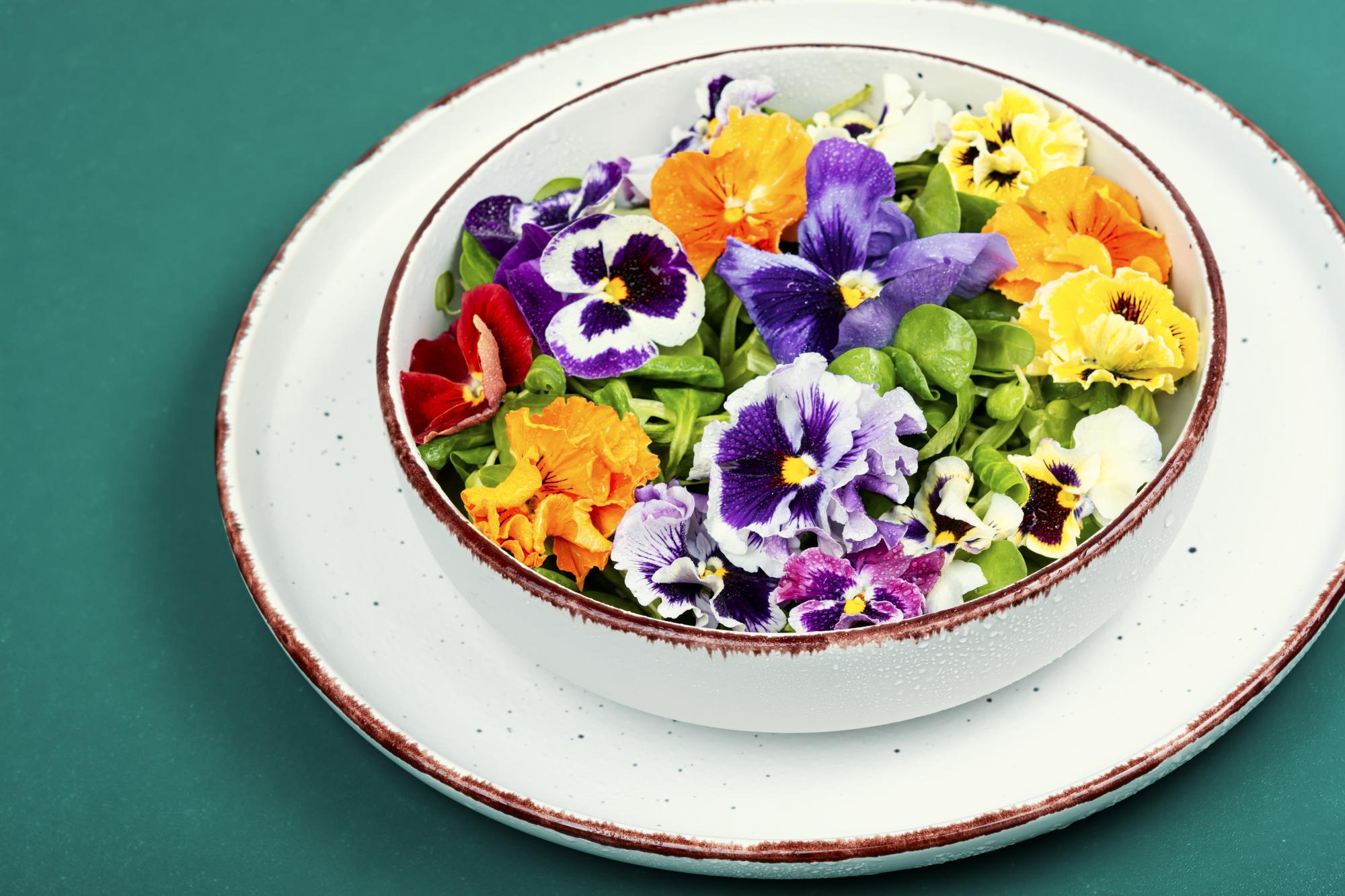 close-up of plated seasonal salad with edible flowers